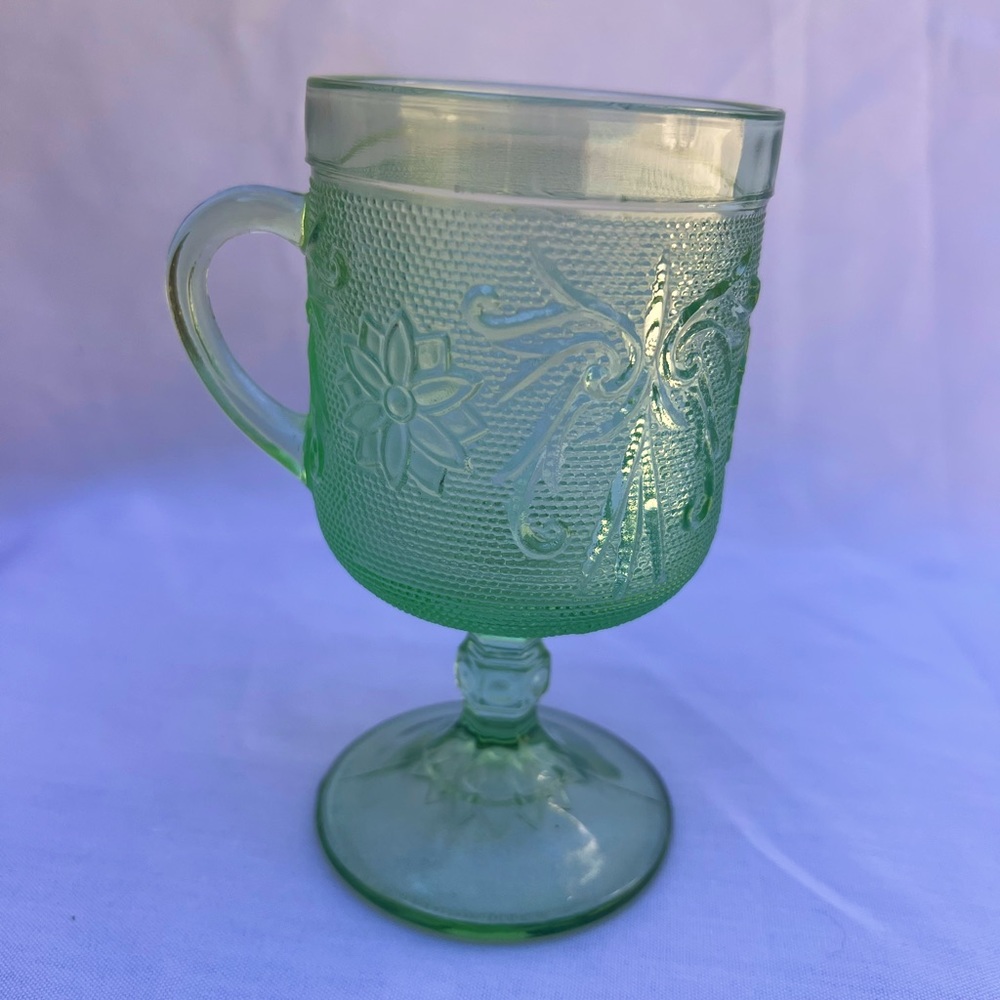 Vintage Indiana Tiara Sandwich Glass Chantilly Green Footed Mug.